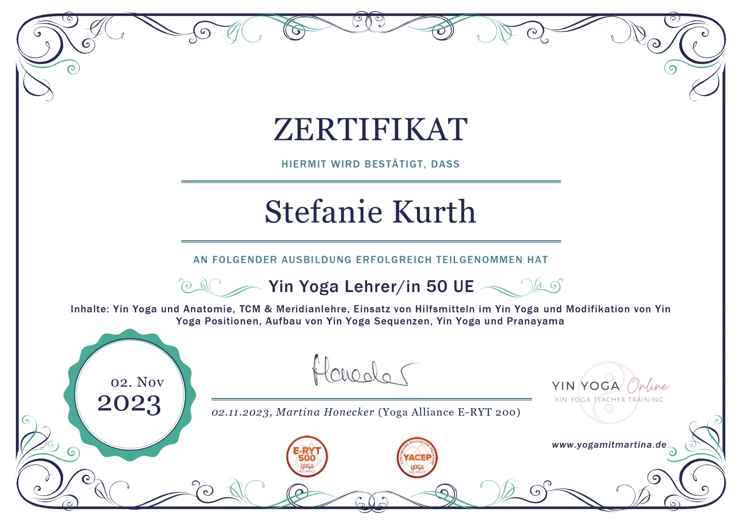 Stefanie Kurth Yin Yoga Lehrer Zertifikat