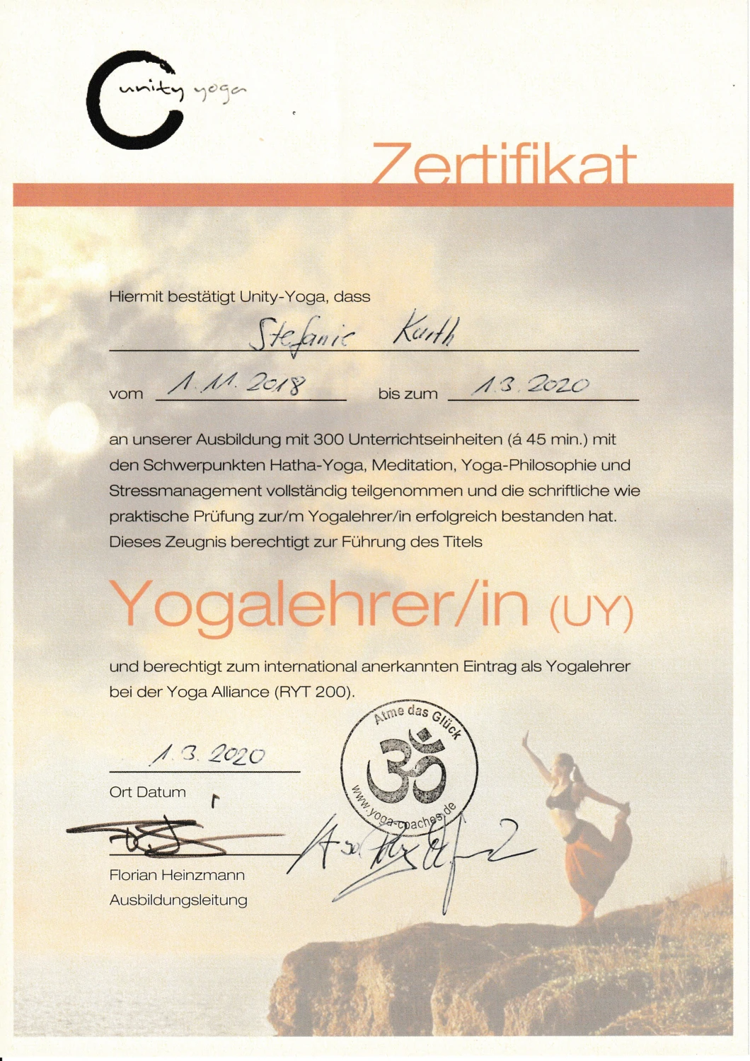 Stefanie Kurth Yogalehrer-Zertifikat