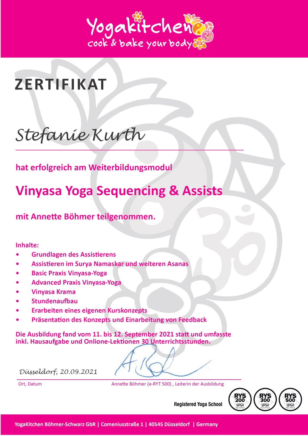 Stefanie Kurth Vinyasa Yoga Sequencing & Assists Zertifikat