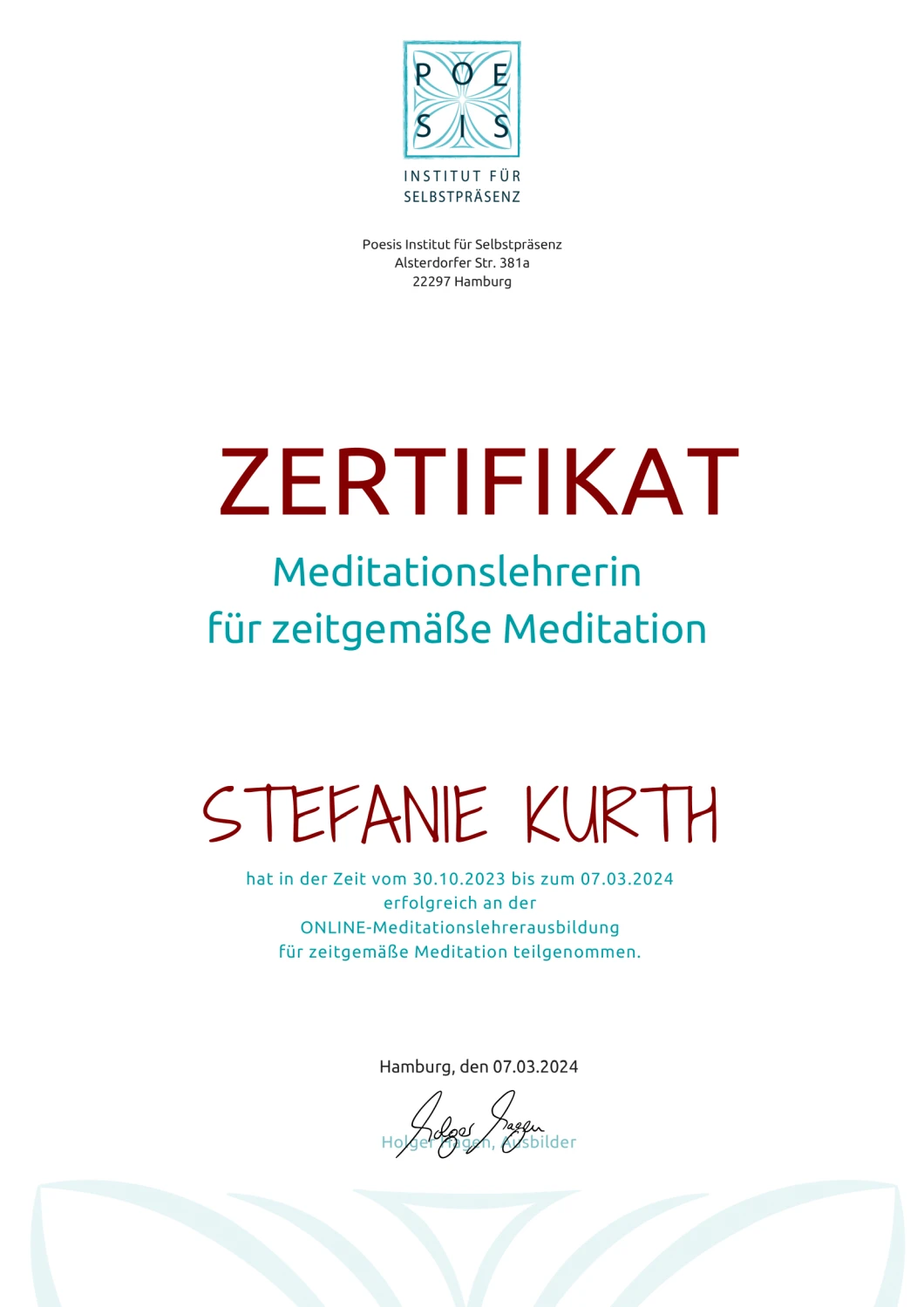 Stefanie Kurth Yogalehrer-Zertifikat